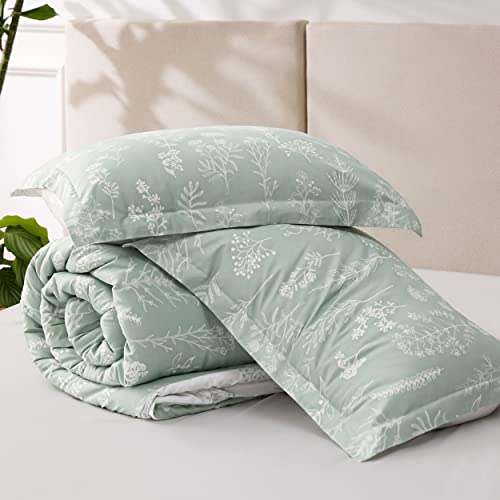 Comforter Set - Sage Green Comforter, Cute Floral Bedding Comforter Sets, 3 Pieces, 1 Soft Reversible Botanical Flowers Comforter and 2 Pillow Shams