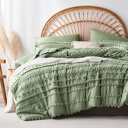 7 Pieces Queen Comforter Set, Sage Green Tufted Boho Shabby Chic Bed in a Bag Comforter and Sheet Set, All Season Soft Microfiber Complete Bedding Set (Green, Queen)