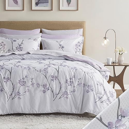 Bed in A Bag - Trendy Casual Design Cozy Comforter with Complete Sheet Set with Side Pocket, All Season Cover, Matching Shams Full(80"x90"), Kate, Grey/Purple 9 Piece, Cottage