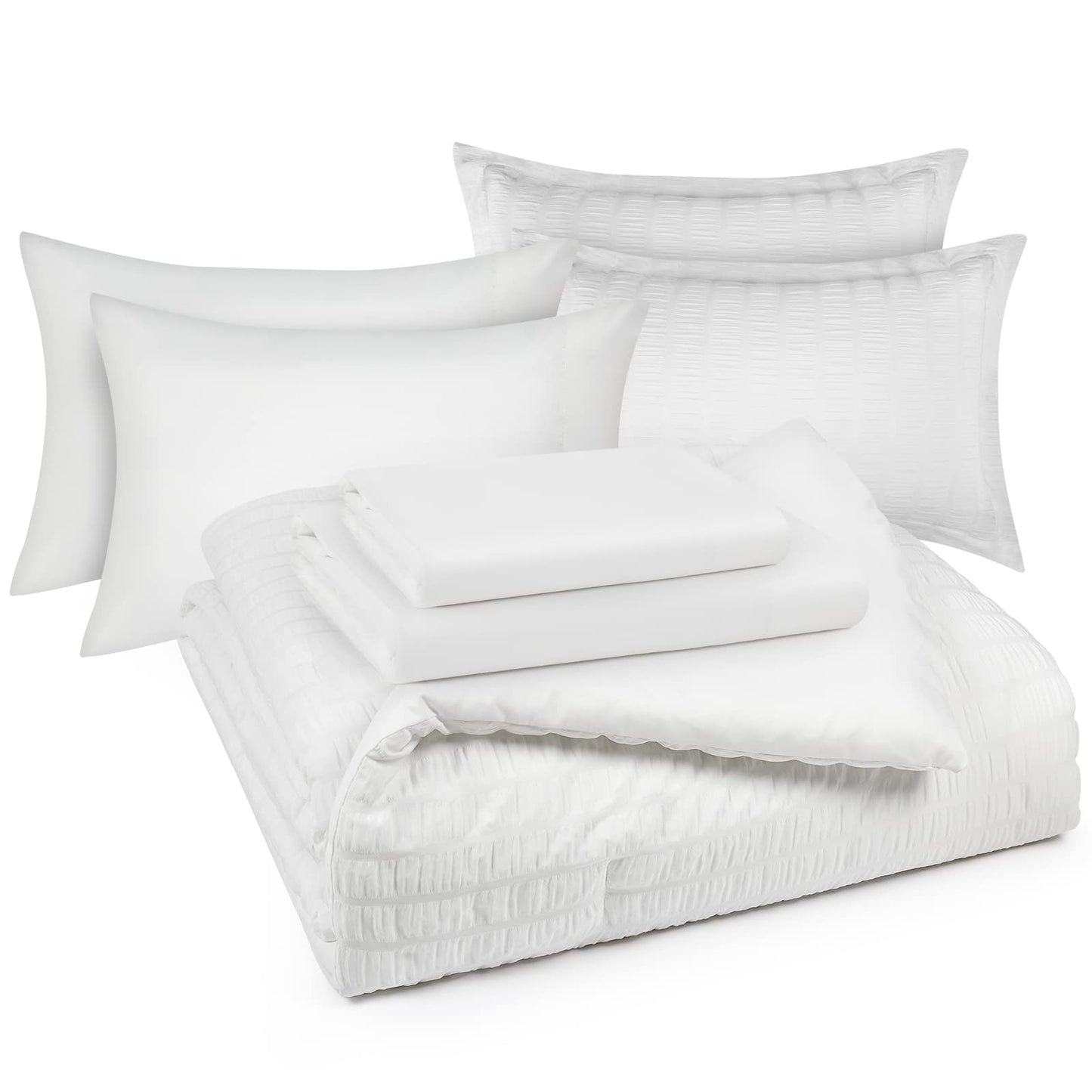 Bed in a Bag White Seersucker Comforter Set with Sheets 7-Pieces All Season Bedding Sets with Comforter, Pillow Sham, Flat Sheet, Fitted Sheet and Pillowcase