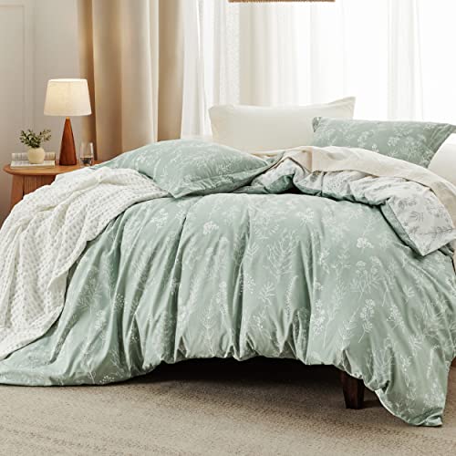 Comforter Set - Sage Green Comforter, Cute Floral Bedding Comforter Sets, 3 Pieces, 1 Soft Reversible Botanical Flowers Comforter and 2 Pillow Shams