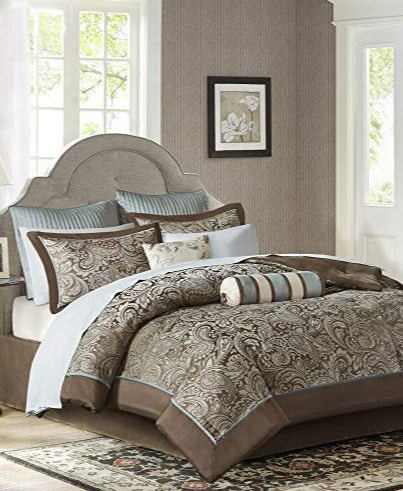 Comforter Set, Faux Silk Jacquard Paisley Design - All Season Down Alternative Bedding with Cotton Bed Sheets, Bed Skirt & Toss Pillows, California King Blue 12 Piece