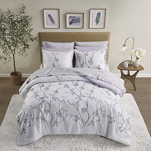 Bed in A Bag - Trendy Casual Design Cozy Comforter with Complete Sheet Set with Side Pocket, All Season Cover, Matching Shams Full(80"x90"), Kate, Grey/Purple 9 Piece, Cottage