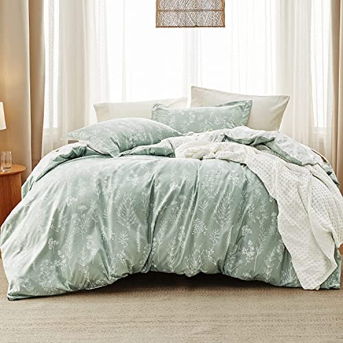 Comforter Set - Sage Green Comforter, Cute Floral Bedding Comforter Sets, 3 Pieces, 1 Soft Reversible Botanical Flowers Comforter and 2 Pillow Shams