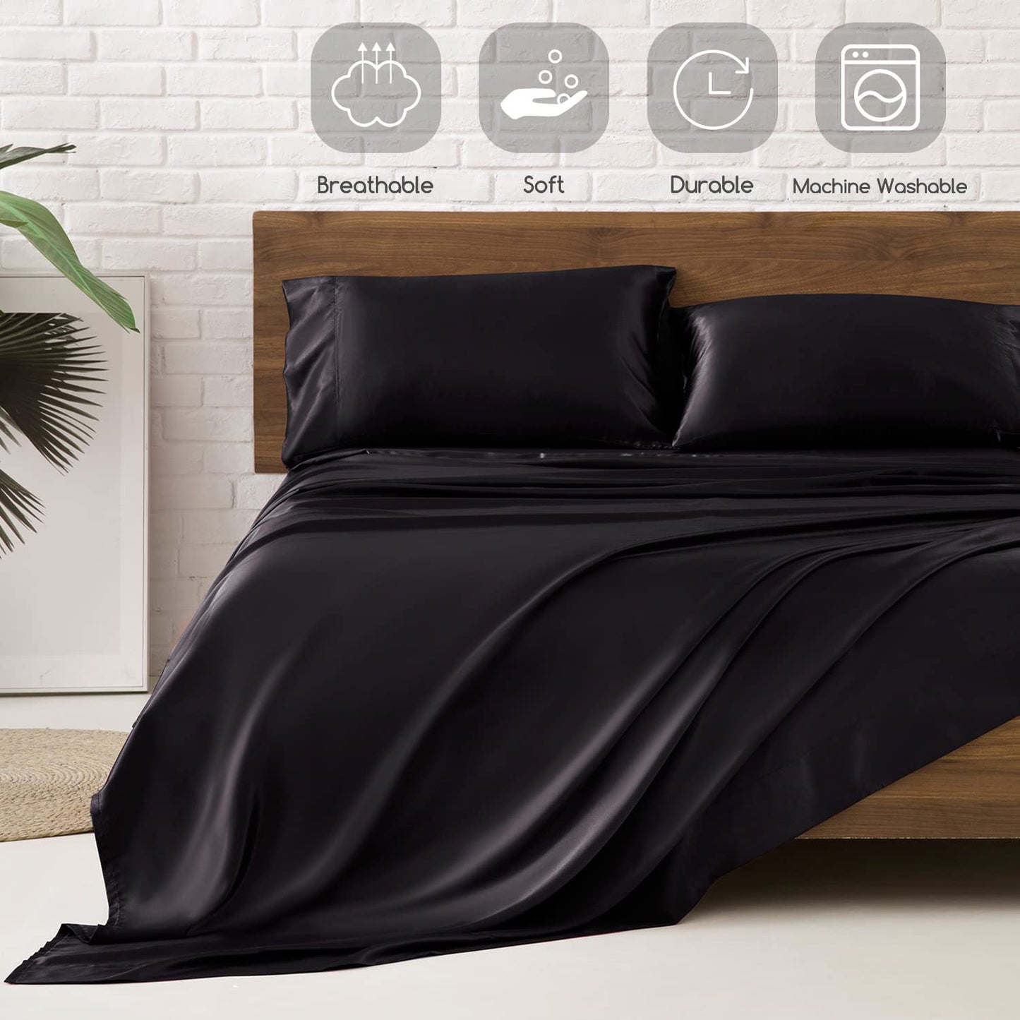 Bed Sheets, Queen Size Sheets Set, 4 Pcs Silky Bedding Set with 15 Inches Deep Pocket for Mattress (Queen, Black)