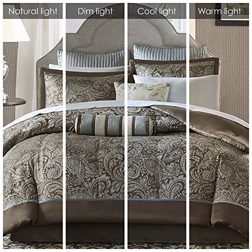 Comforter Set, Faux Silk Jacquard Paisley Design - All Season Down Alternative Bedding with Cotton Bed Sheets, Bed Skirt & Toss Pillows, California King Blue 12 Piece