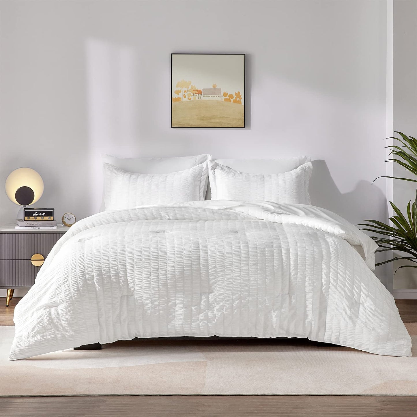 Bed in a Bag White Seersucker Comforter Set with Sheets 7-Pieces All Season Bedding Sets with Comforter, Pillow Sham, Flat Sheet, Fitted Sheet and Pillowcase