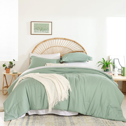 Comforter Set Sage Green Boho Soft Microfiber Bed Comforter for All Season 7 Pieces Queen Comforter Set Bed in a Bag with Fitted Sheets, Flat Sheets, Pillow Shams and Pillowcases