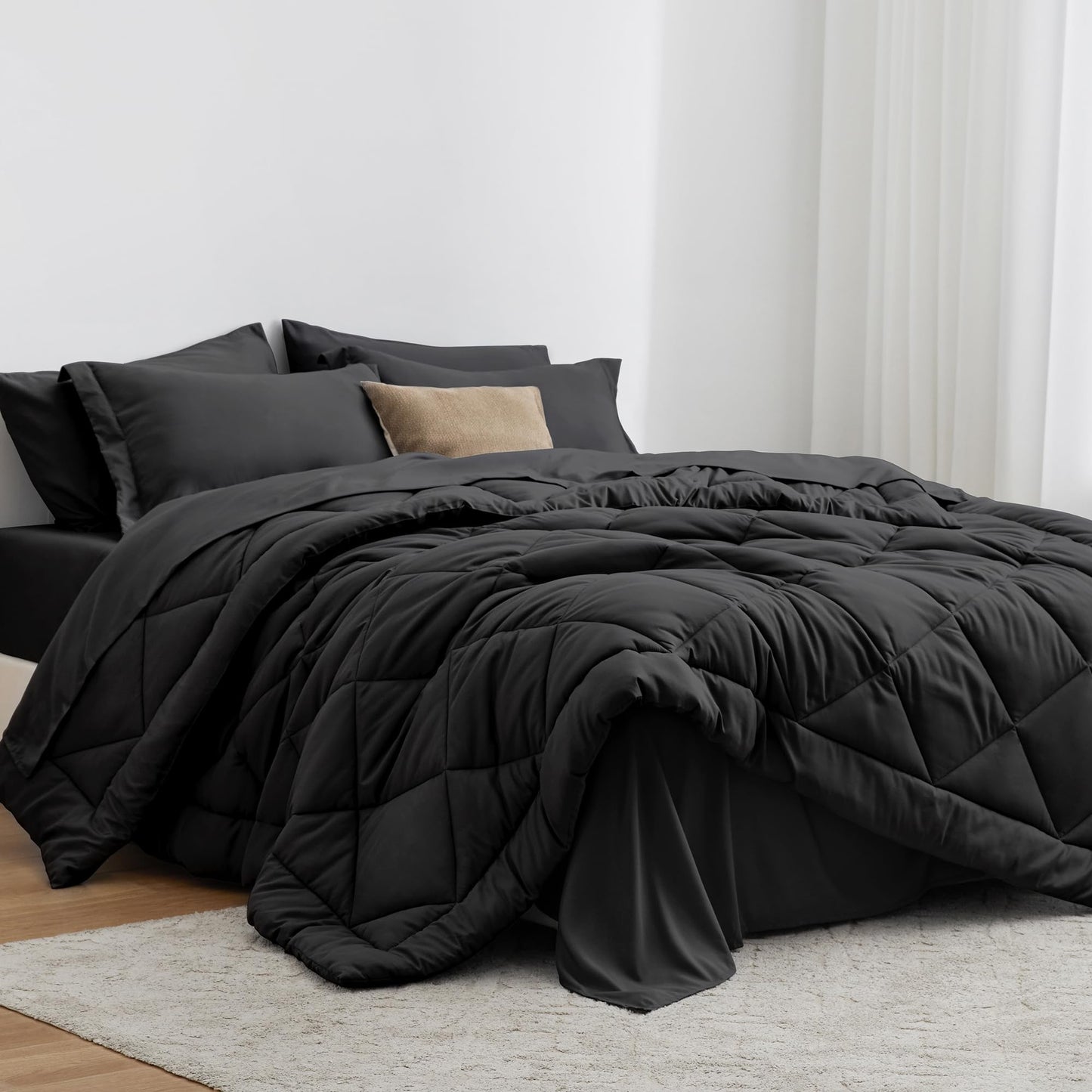 Comforter Set Black, 7 Pieces Queen Bed in a Bag, All Season Queen Bedding Sets with 1 Comforter, 1 Flat Sheet, 1 Fitted Sheet, 2 Pillowcase and 2 Pillow Sham