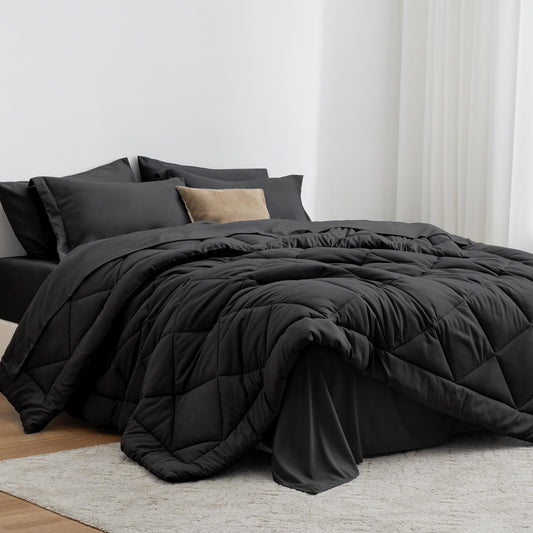 Comforter Set Black, 7 Pieces Queen Bed in a Bag, All Season Queen Bedding Sets with 1 Comforter, 1 Flat Sheet, 1 Fitted Sheet, 2 Pillowcase and 2 Pillow Sham