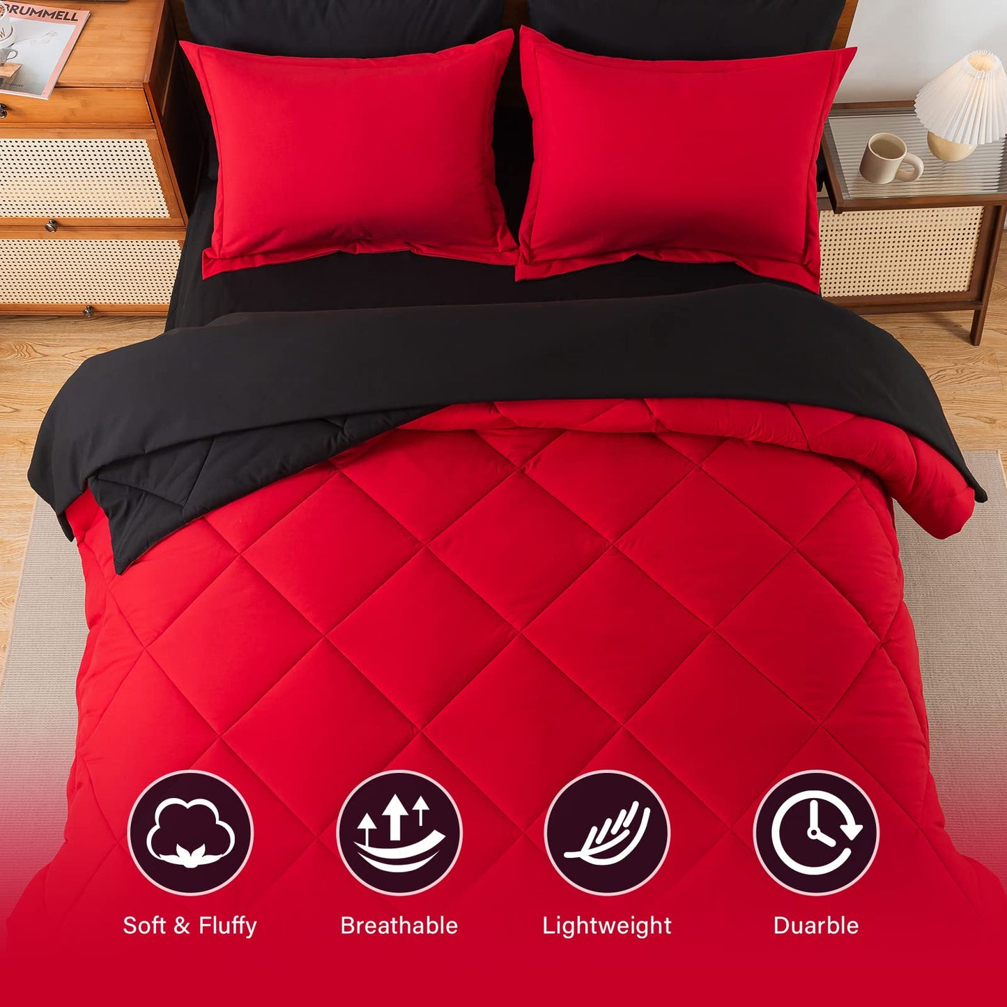 Bed in a Bag Full Reversible Comforter Sets 7pcs All Season Down Alternative Bedding Sets Red and Black with Comforter, Pillow Shams, Flat Sheet, Fitted Sheet and Pillowcase