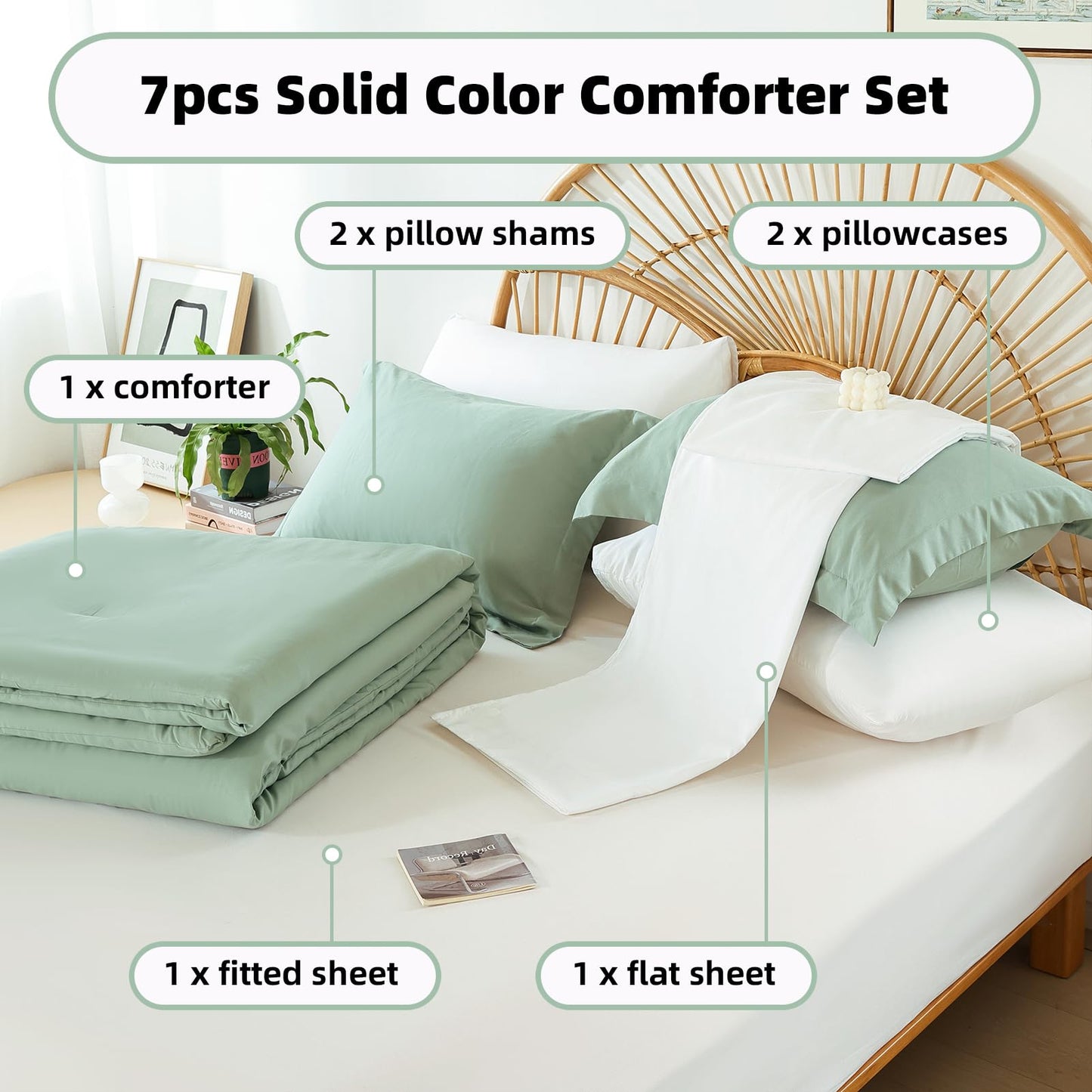 Comforter Set Sage Green Boho Soft Microfiber Bed Comforter for All Season 7 Pieces Queen Comforter Set Bed in a Bag with Fitted Sheets, Flat Sheets, Pillow Shams and Pillowcases