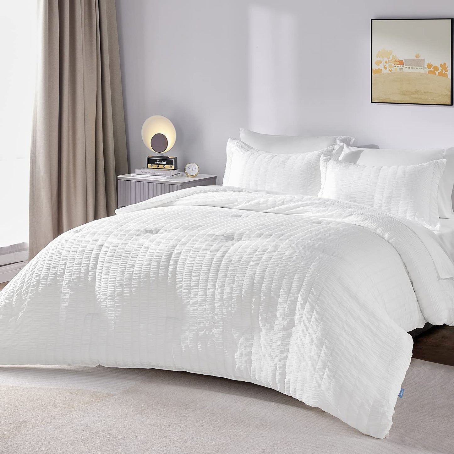 Bed in a Bag White Seersucker Comforter Set with Sheets 7-Pieces All Season Bedding Sets with Comforter, Pillow Sham, Flat Sheet, Fitted Sheet and Pillowcase