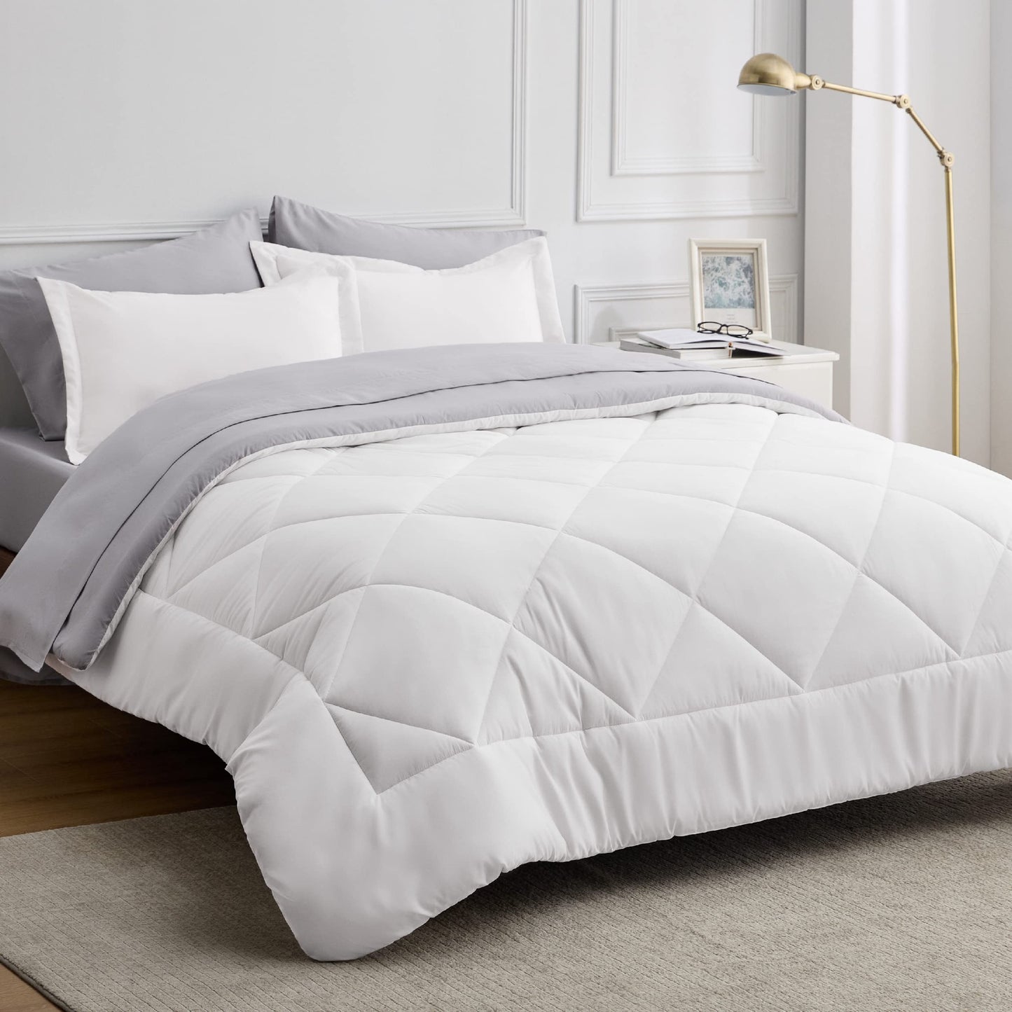 Comforter Set - 7 Pieces Reversible White Bed Set , Bedding Set White with Comforters, Sheets, Pillowcases & Shams, White Bed in a Bag