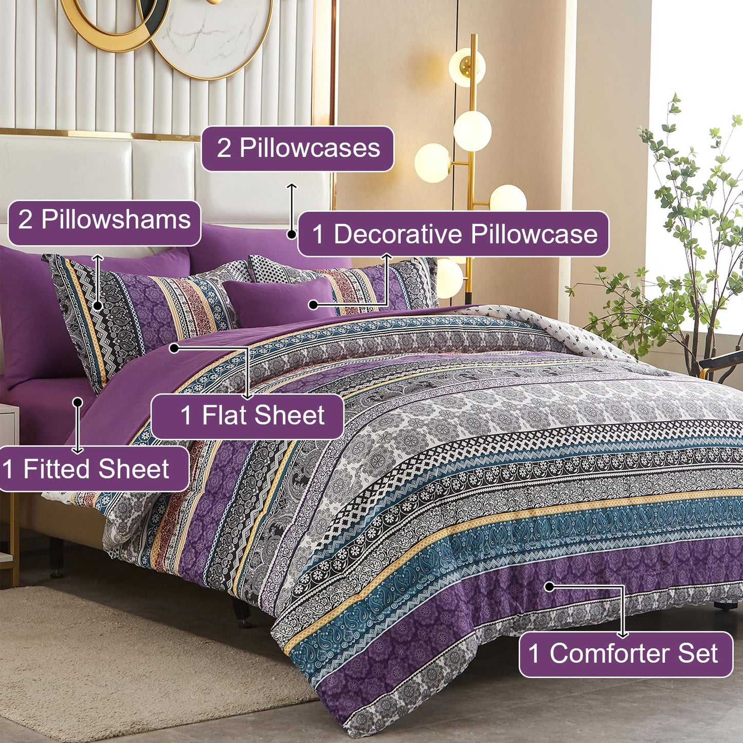 Comforter Set Queen Size,8 Piece Bed in a Bag Bohemian Striped Bedding Quilt Set,Purple Paisley Floral Comforter and Sheet Set,Soft Microfiber Complete Bedding Sets for All Season