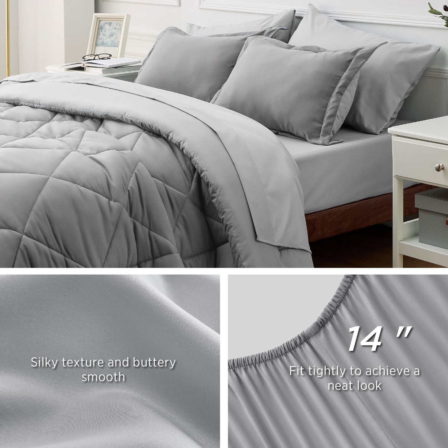 Comforter Set - 7 Pieces Reversible Comforters Queen Size Bed Set Bed in a Bag with Comforter, Sheets, Pillowcases & Shams, Grey Bedding Sets