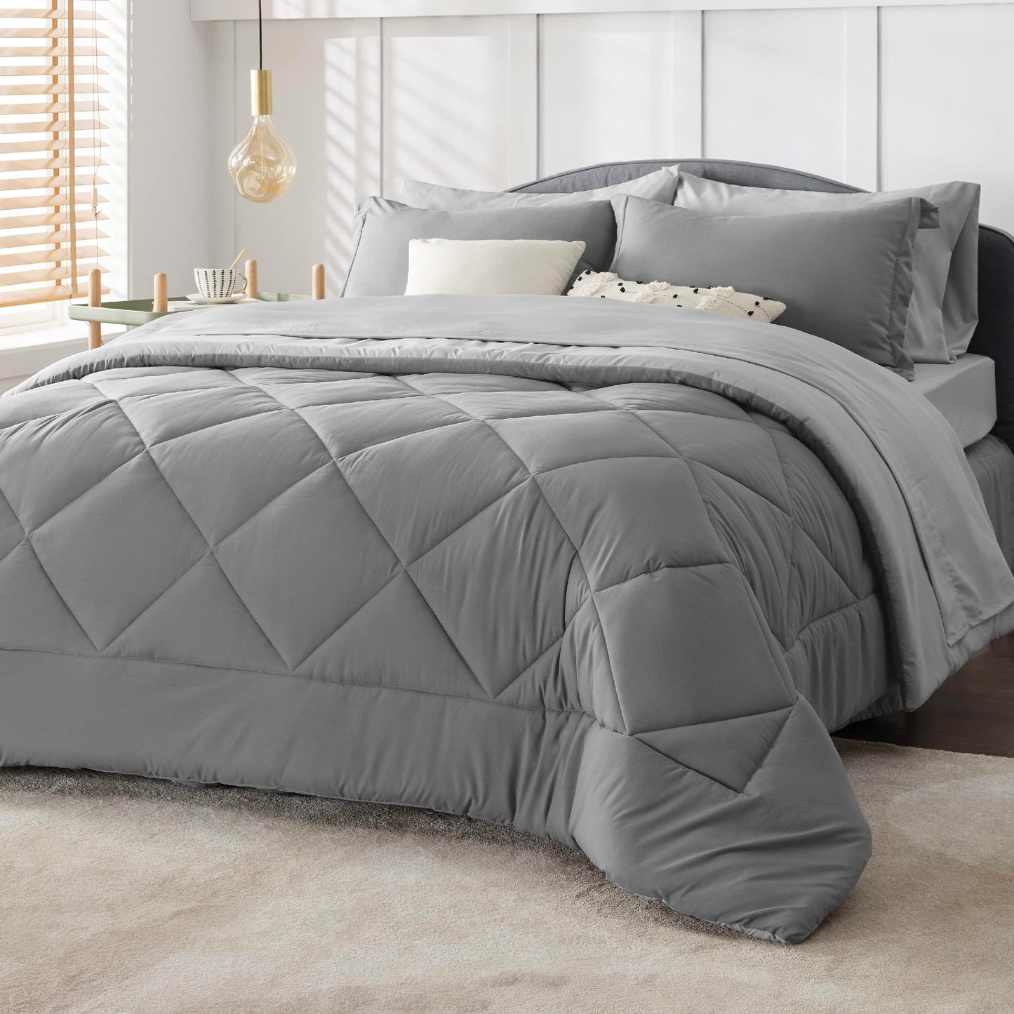 Comforter Set - 7 Pieces Reversible Comforters Queen Size Bed Set Bed in a Bag with Comforter, Sheets, Pillowcases & Shams, Grey Bedding Sets