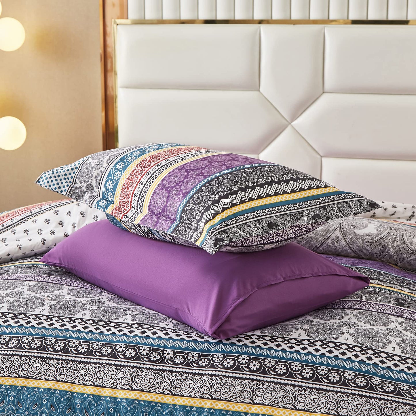 Comforter Set Queen Size,8 Piece Bed in a Bag Bohemian Striped Bedding Quilt Set,Purple Paisley Floral Comforter and Sheet Set,Soft Microfiber Complete Bedding Sets for All Season