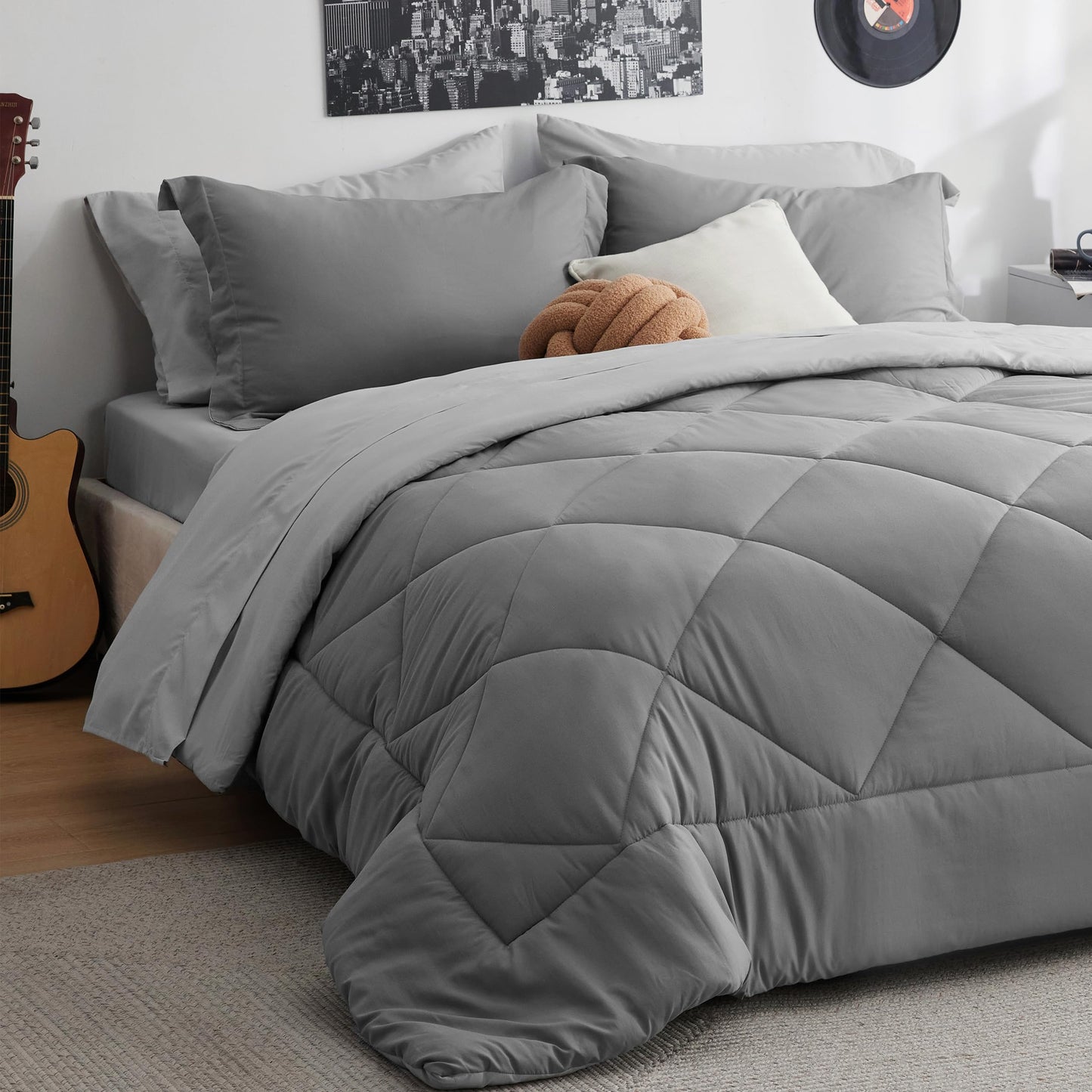 Comforter Set - 7 Pieces Reversible Comforters Queen Size Bed Set Bed in a Bag with Comforter, Sheets, Pillowcases & Shams, Grey Bedding Sets